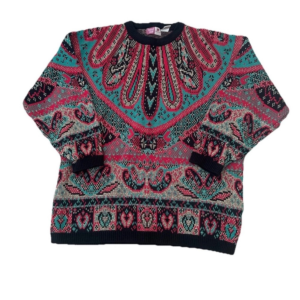 VTG Sheridan Square knit Sweater Womens 42 22W Red Blue Paisley Baroque Gold 90s